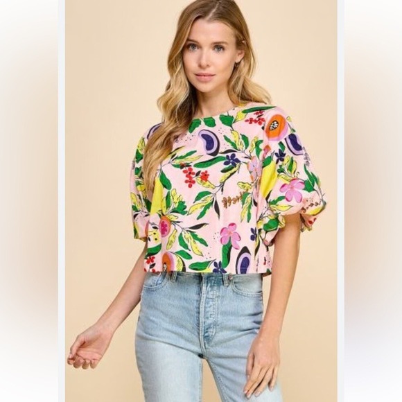 TCEC Arielle Colorful Fruit Lemon Floral Print Blouse Pink Tropical Top; Cotton - Picture 2 of 8
